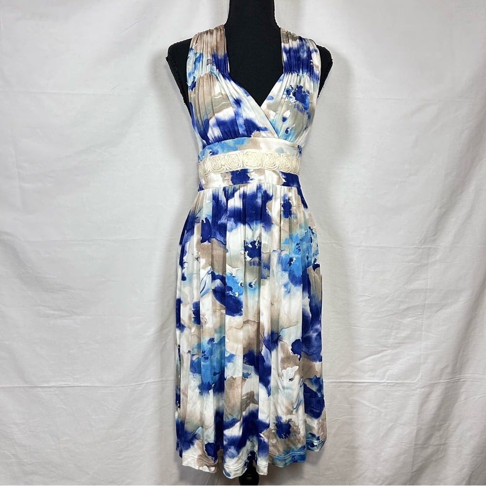 Blue & Cream Watercolor Sleeveless Midi Dress